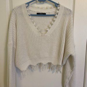 White distressed knitted cropped sweater
